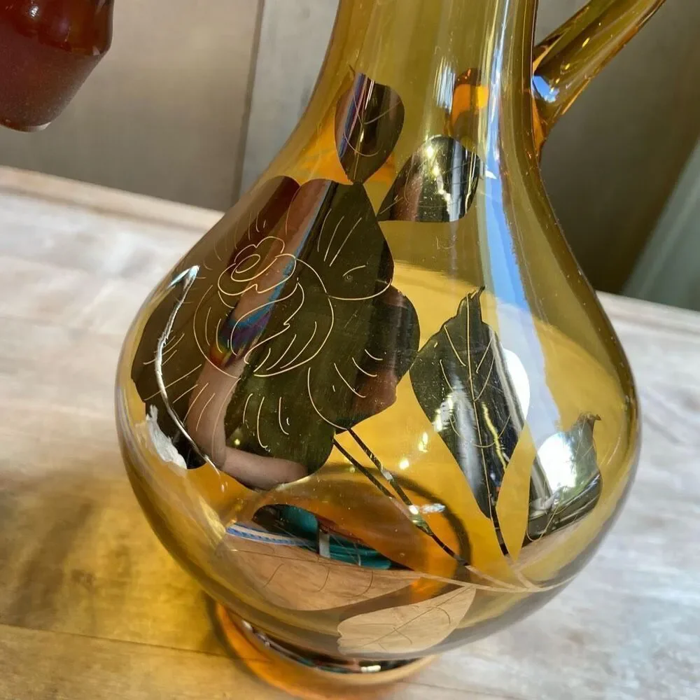 Vintage 50's Bohemian Amber Glass 22K Guilded Floral Rose Cruet Decanter & 5 Ste